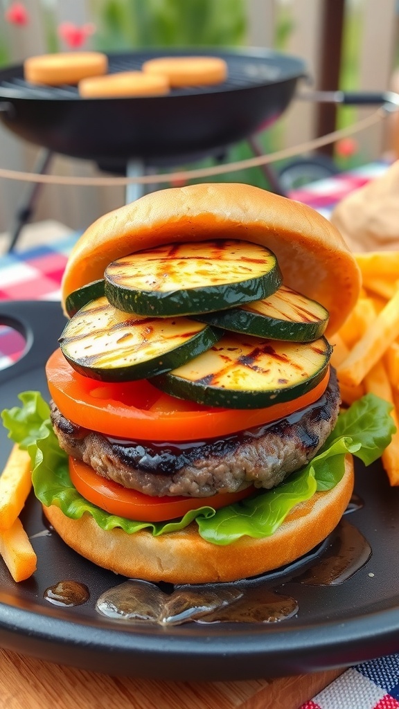 Grilled Hamburger with Zucchini and Squash A grilled hamburger with zucchini and squash on a bun, served with fries in a summer picnic setting.